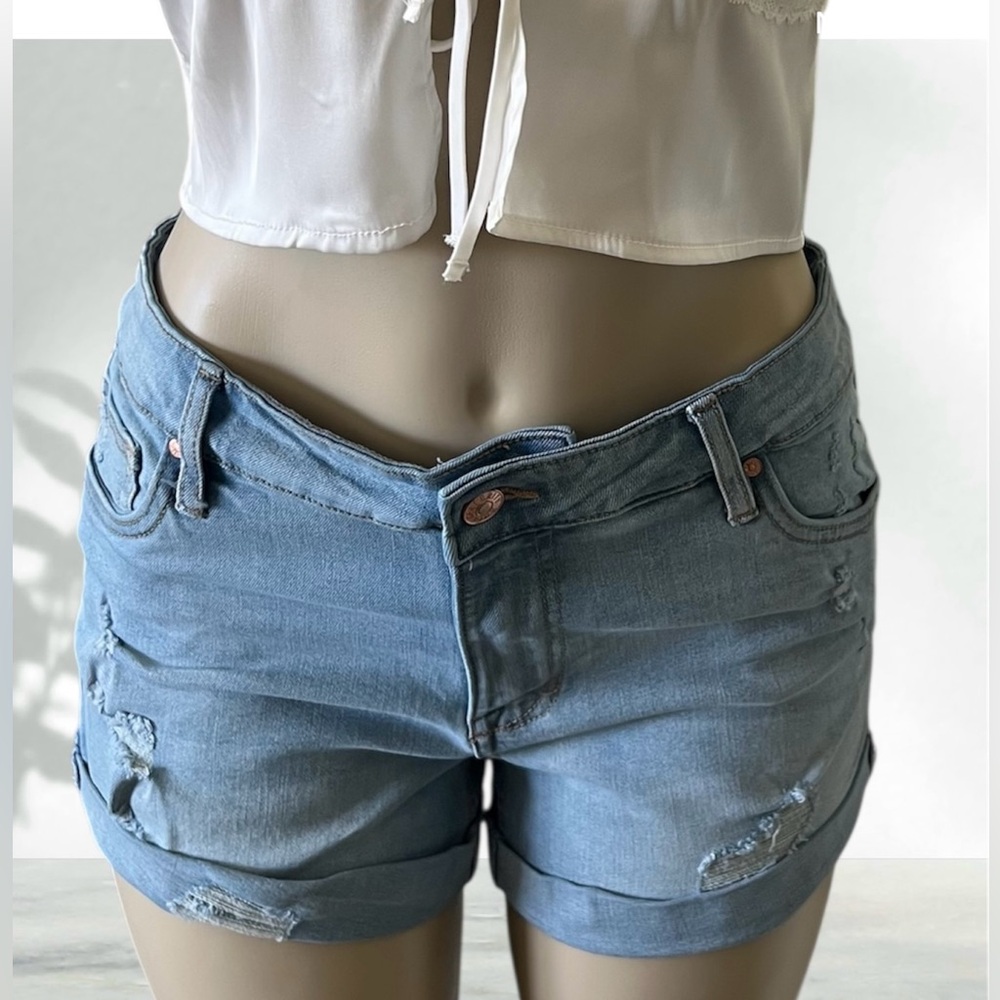 Celebrity Pink Distressed Light Blue Rolled-Hem Denim Shorts